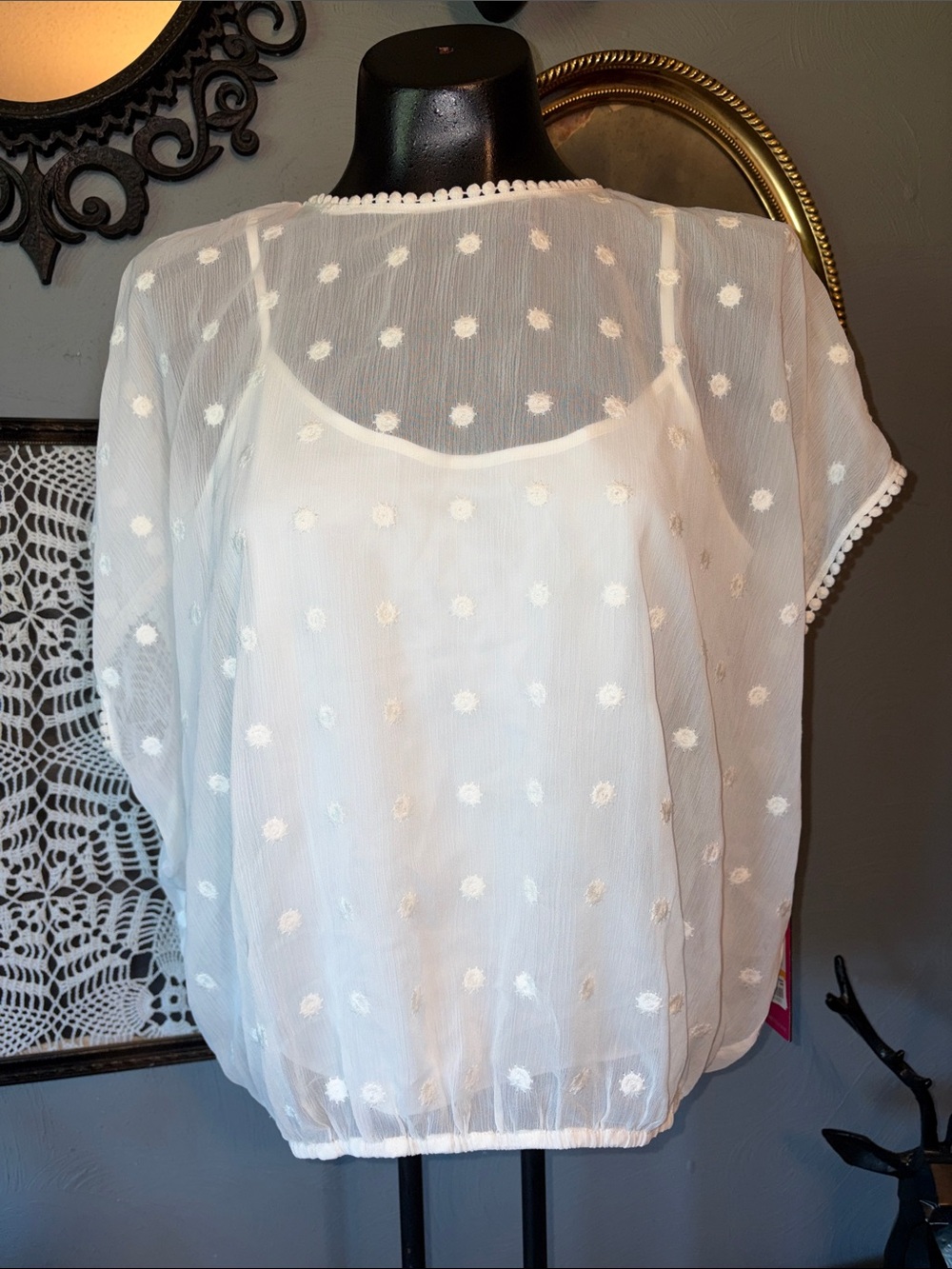 Vince Camuto White Sheer Dot-Embroidered Blouse with Pom-Pom Trim